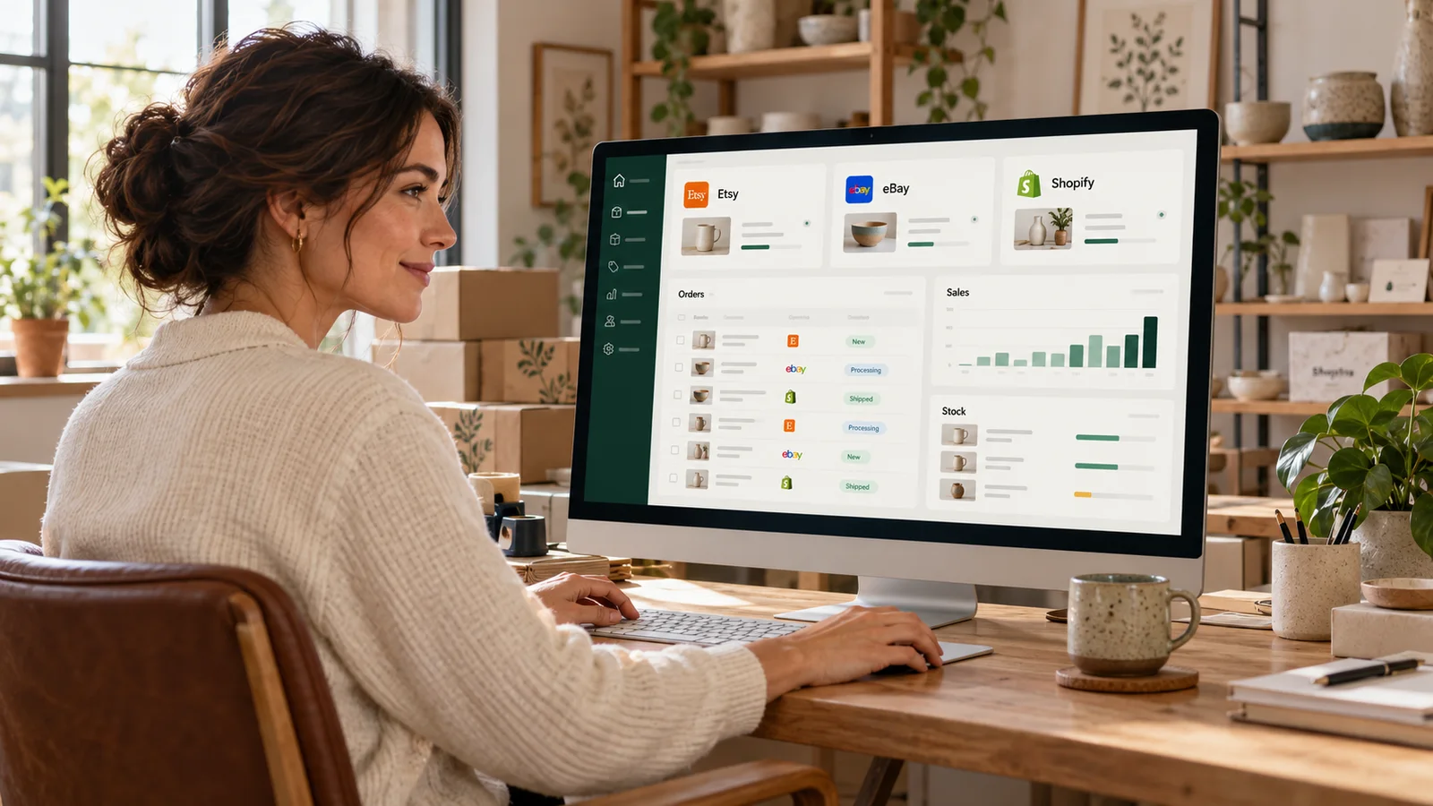 Empreendedora a acompanhar encomendas, stock e vendas de Etsy, eBay e Shopify num único ecrã de gestão.